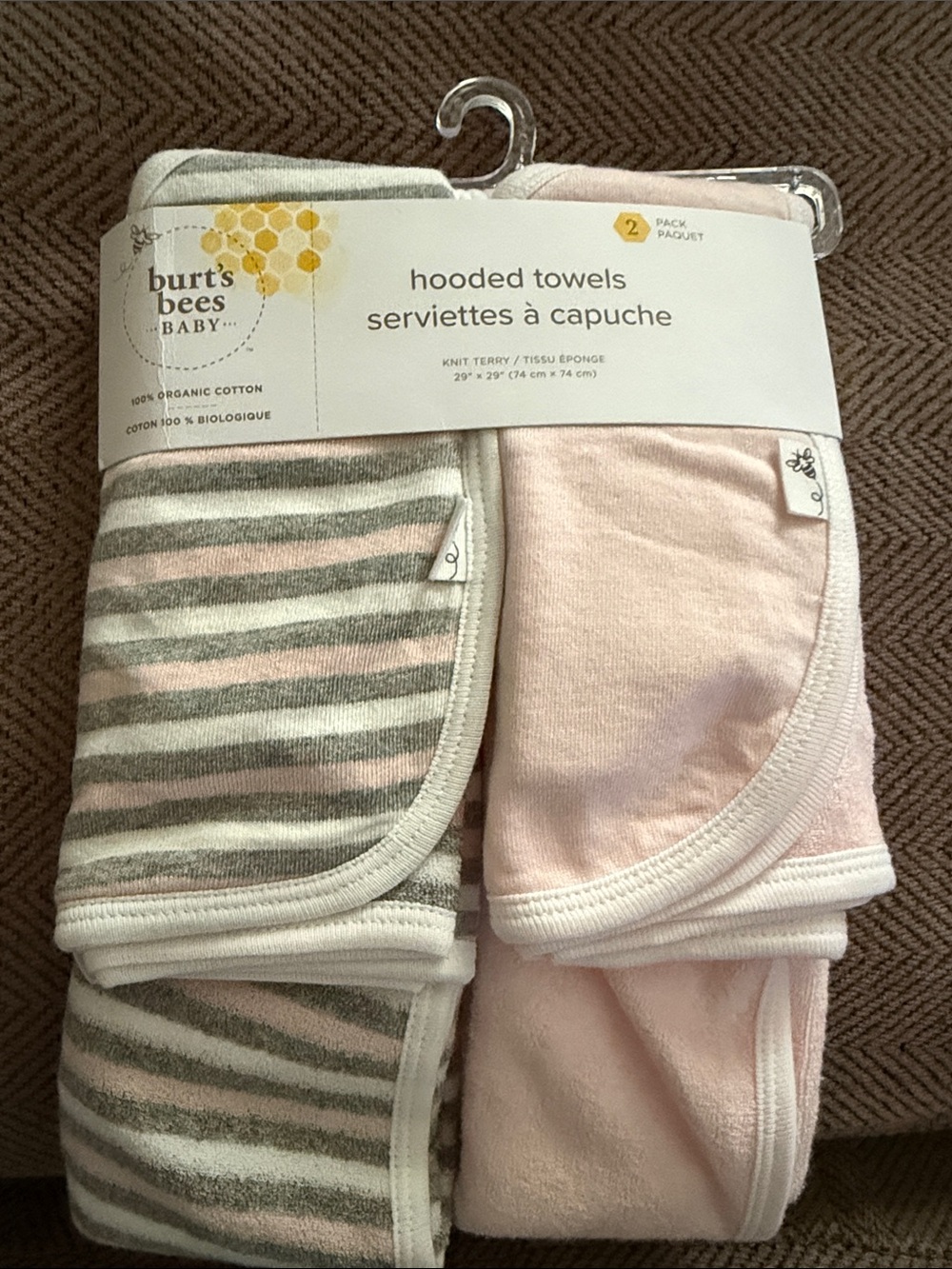 Burt's Bees Baby Hooded Towels - Pink & Gray Stripe Set